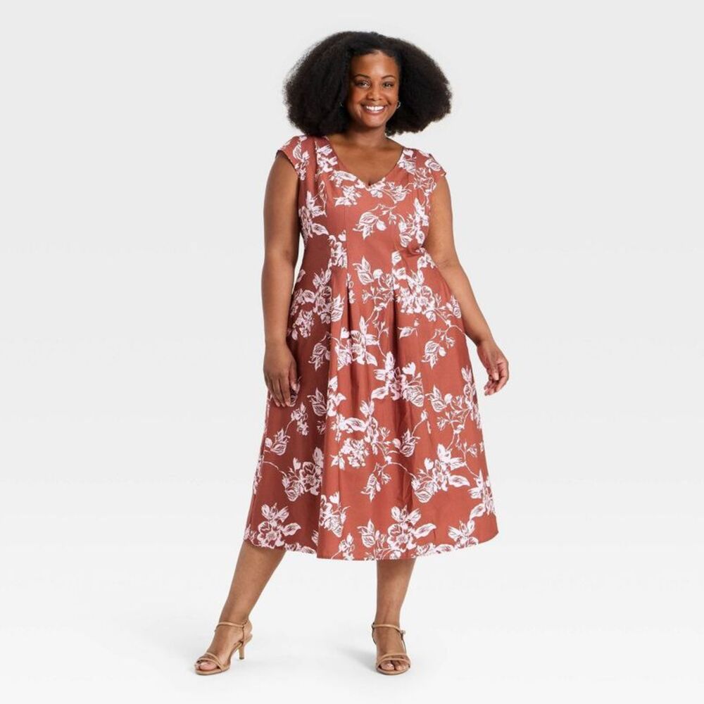 Women's Short Sleeve Corset Midi Dress - A New Day Pink Floral 2X